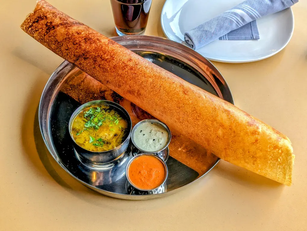 Plain Dosa – Perfectly golden crispy dosa served with sambar, tomato chutney, and coconut chutney | SPICE ROOM Denver