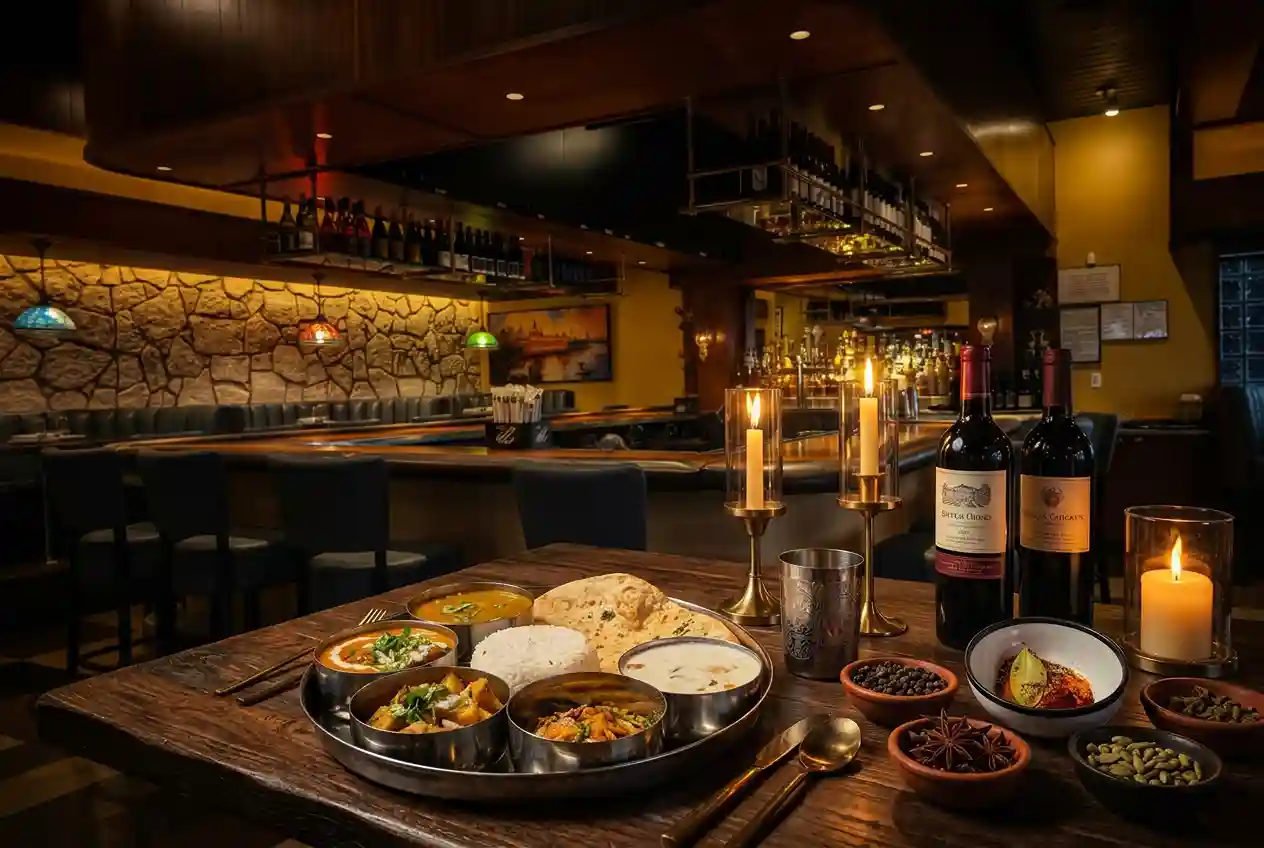 SPICE ROOM restaurant table with aromatic spices, warm golden lighting and elegant dining setting